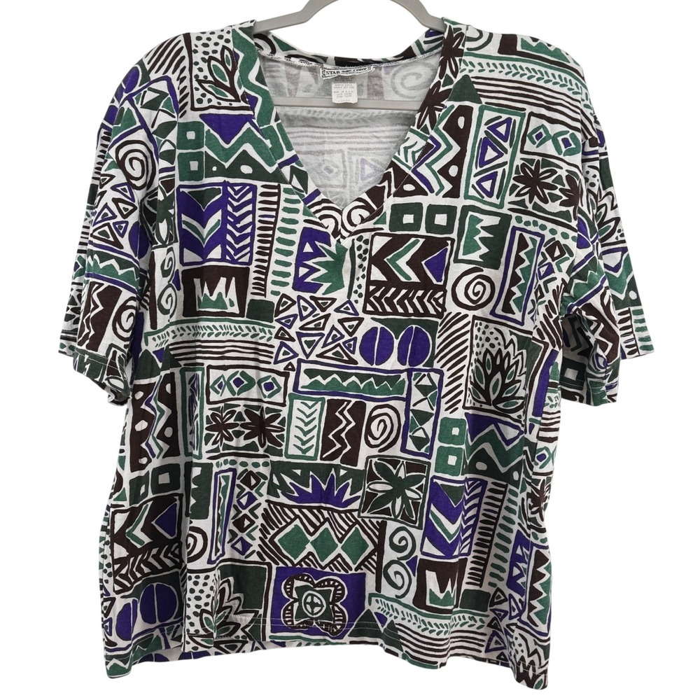 Vintage 90s Star Cody Geometric Tribal Print V-Neck Cotton Shirt Made USA‎ Large